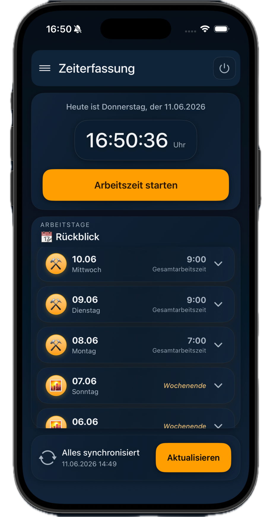 zeamex Time App: Arbeitszeiterfassung mit Start, Pause und Ende auf dem Smartphone