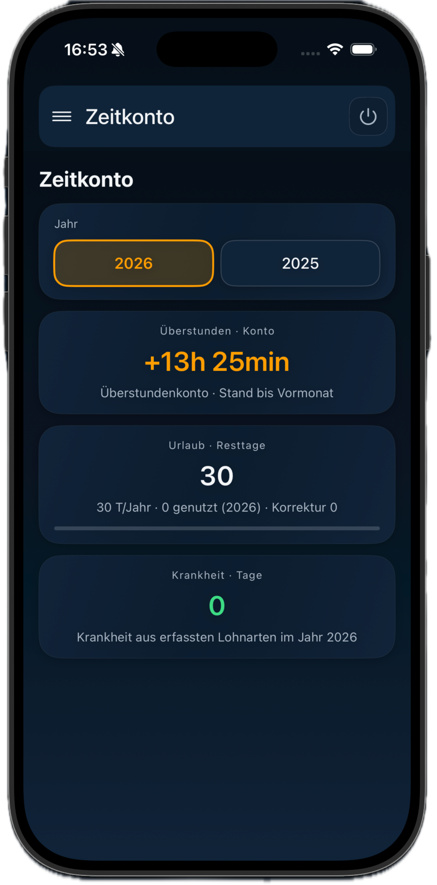 Zeitkonto in der zeamex Time App mit Soll- und Ist-Stunden