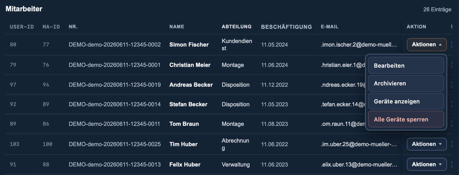 Mitarbeiterübersicht im zeamex Portal