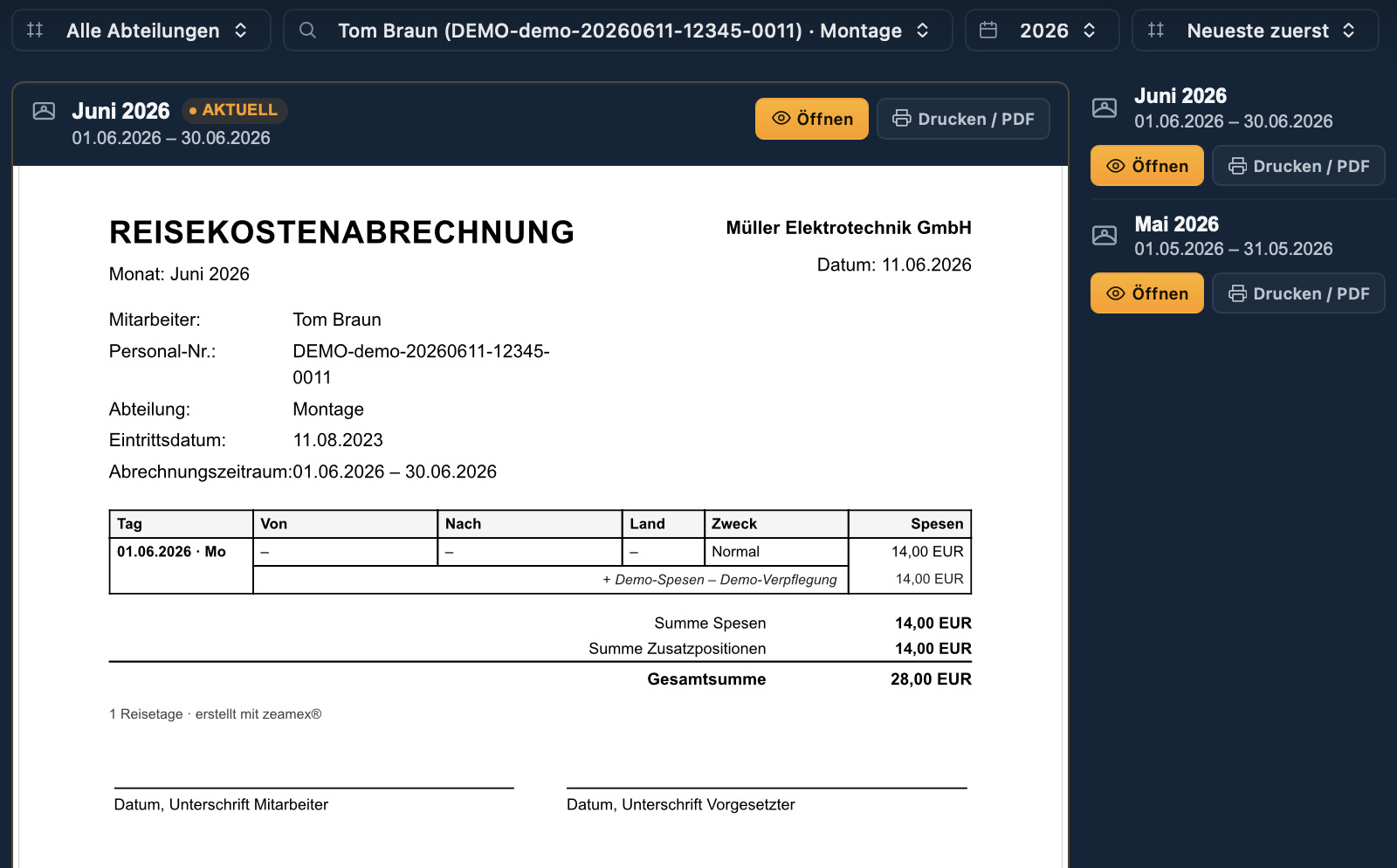 Reisekostenabrechnung im zeamex Portal