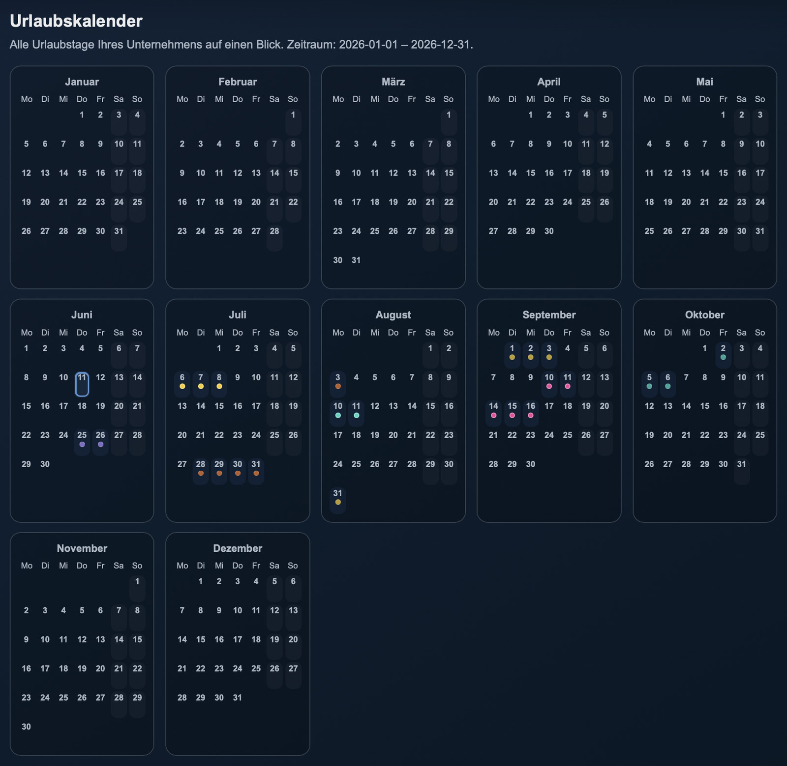 Urlaubskalender im zeamex Portal mit Teamübersicht