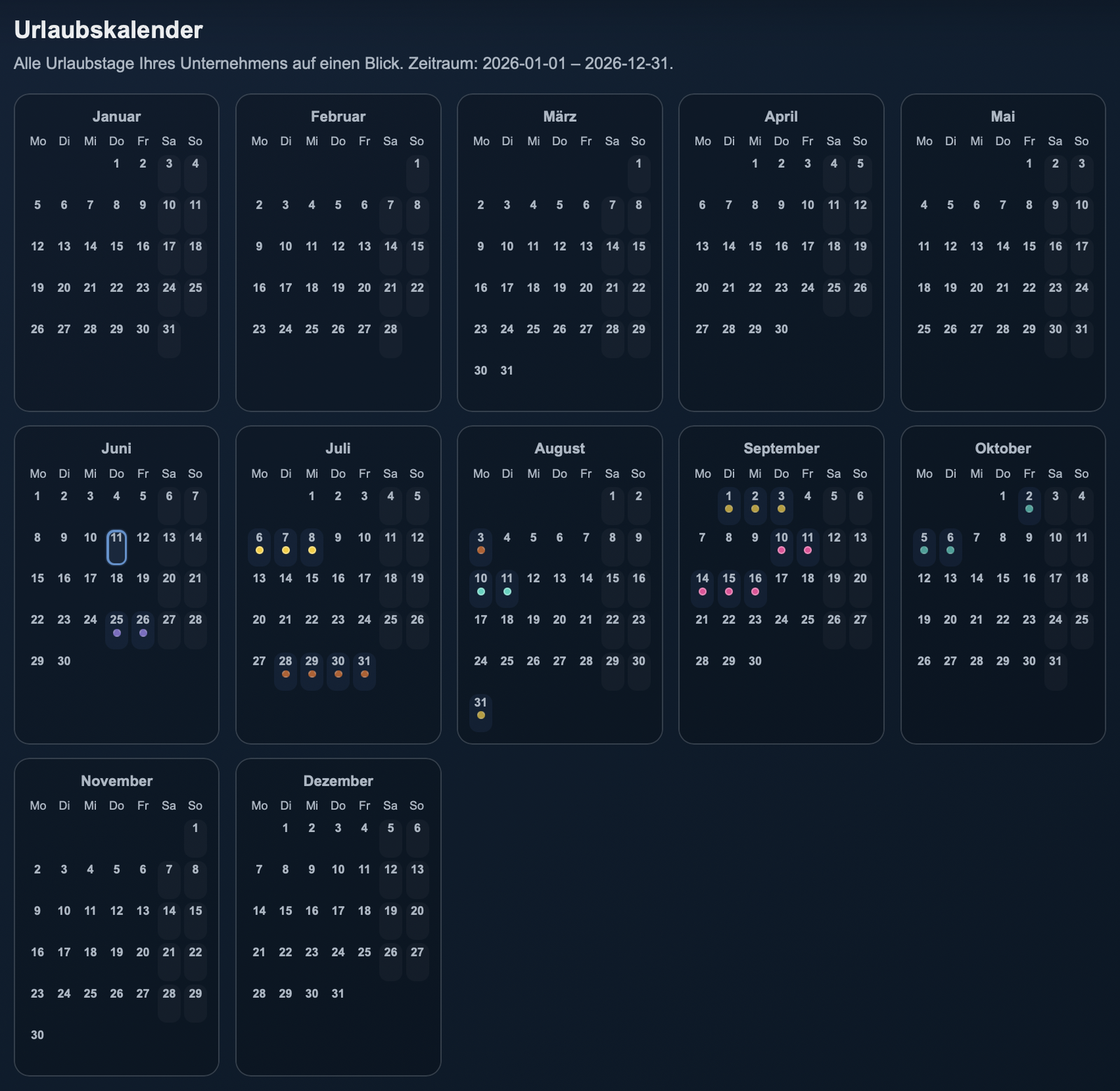 Urlaubskalender im zeamex Portal mit Teamübersicht