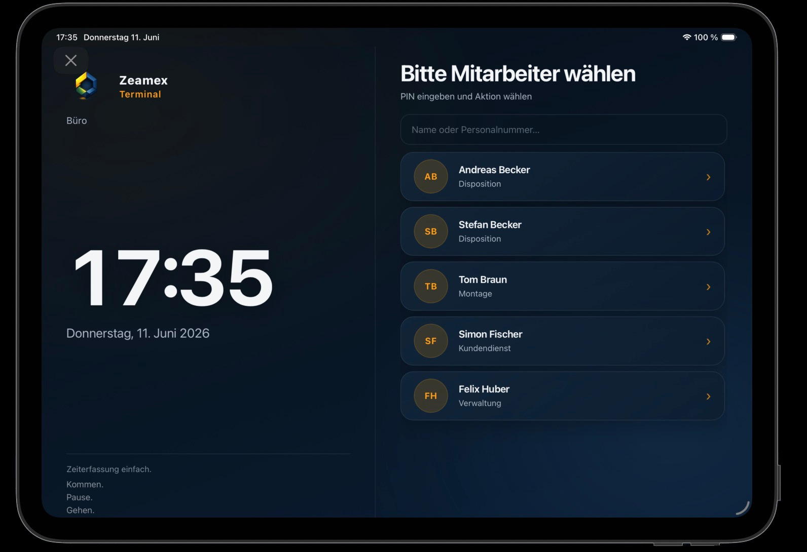 zeamex Terminal: Mitarbeiterauswahl auf dem Hauptbildschirm