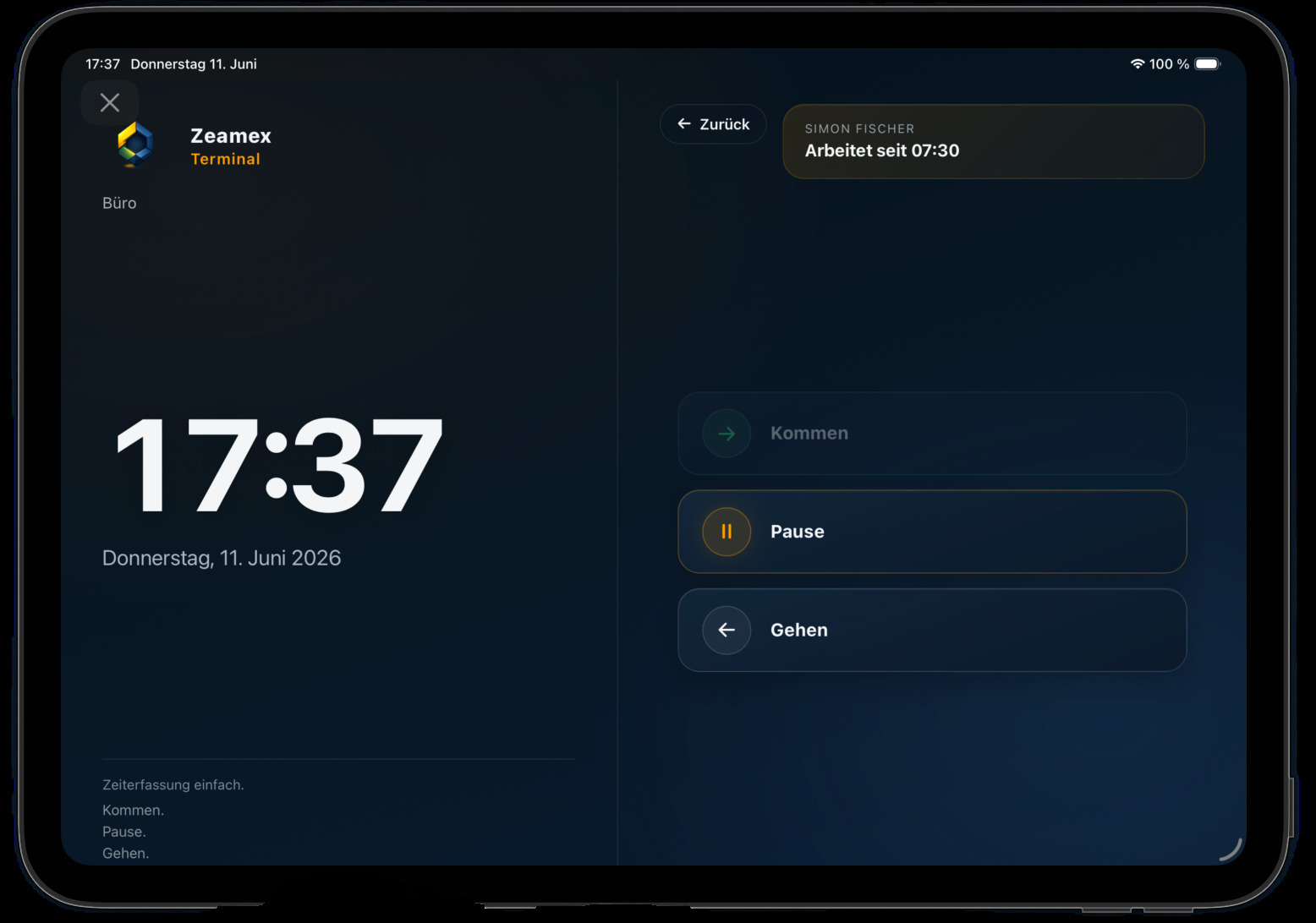 zeamex Terminal: Zeit erfassen mit Kommen, Pause und Gehen